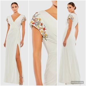 Mac Duggal 55709 Womens White Embellished Sleeve Jersey Wrap Gown